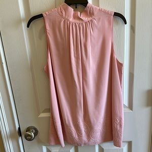 Crown & Ivy Pink Sleeveless Ruffled Blouse with Mandarin Collar